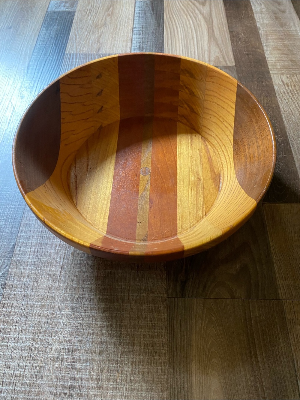 Striped Multi-Wood Serving Bowl in Natural and Reddish-Brown Never Used